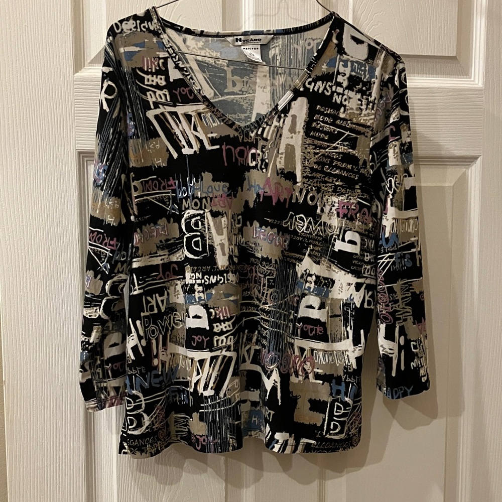 Black Multi-Print V-Neck Long Sleeve Top